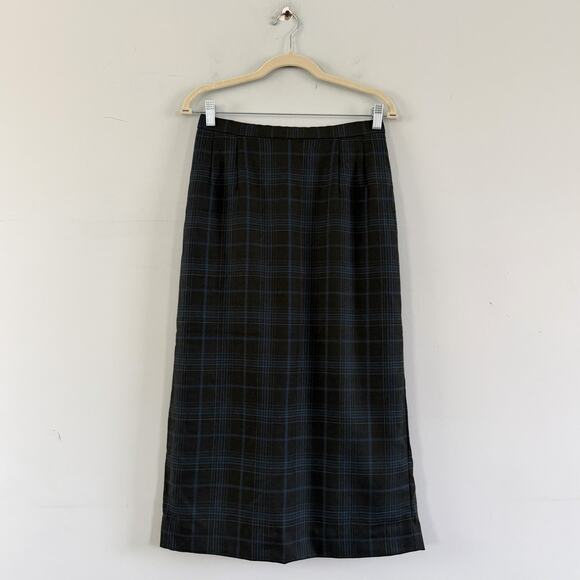 Vintage Pendleton 100% Virgin Wool Green Blue Plaid USA Academia Maxi Skirt - Picture 2 of 4